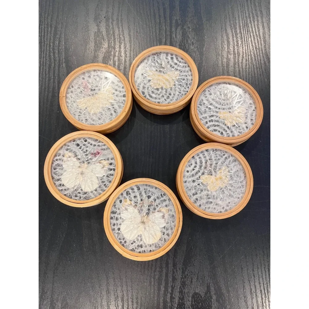 Vintage Bamboo Coasters Set of 6 Real Preserved Butterfly Glass Boho Decor